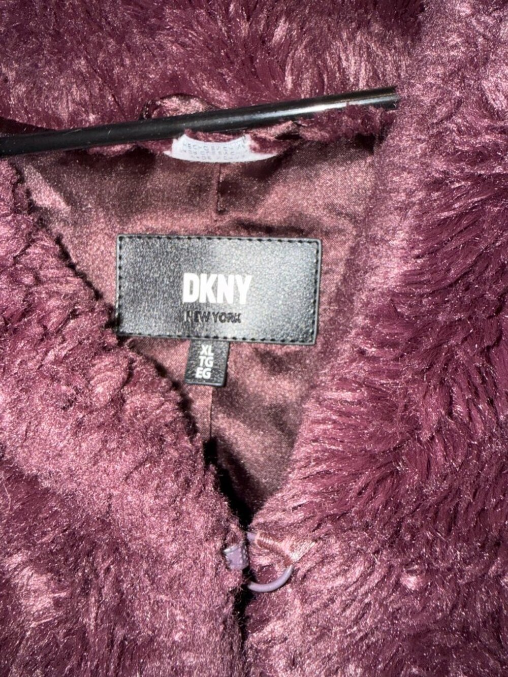 DKNY hooded faux fur coat in a rich burgundy. Size XL - Picture 2 of 7